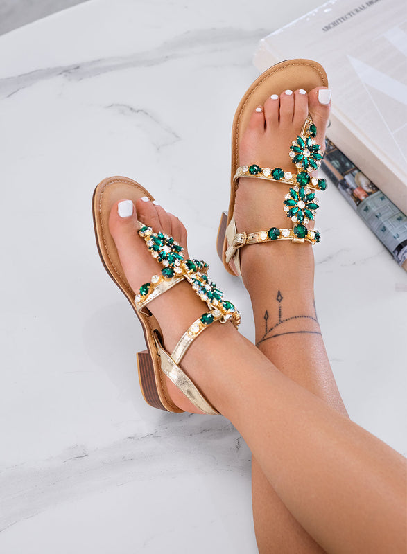 GIULY - Sandalias doradas planas con piedras de joya verdes