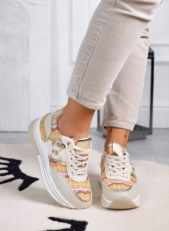 ASIA - Baskets beiges avec empiècements en tissu multicolore