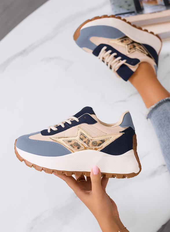 CLARISSA - Sneakers blu e beige con dettaglio maculato e suola spessa