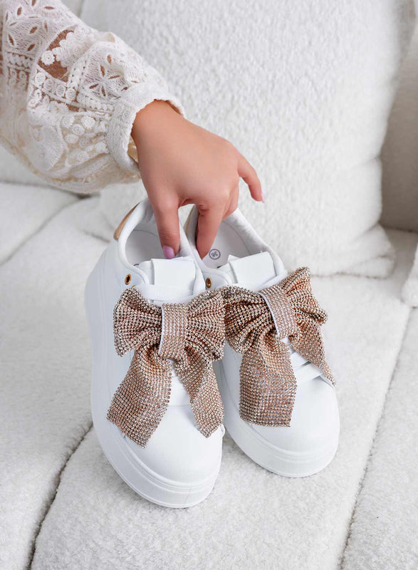 BELGA - White sneakers with rose gold rhinestone bow