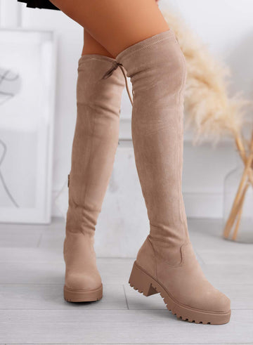 FLUX - Botas de mujer beige de ante hasta el muslo con suela chunky