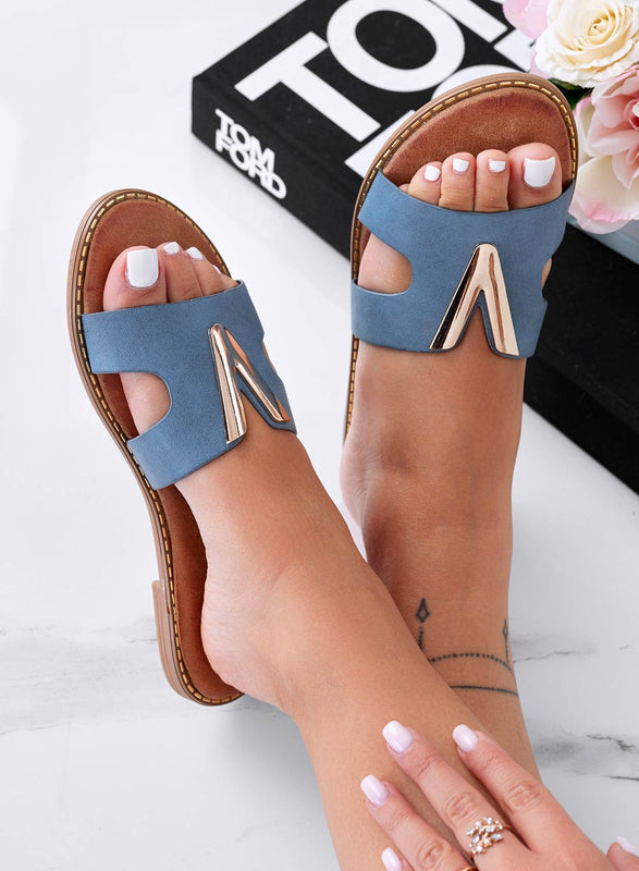 MYER - Mules bleues avec ornement V doré