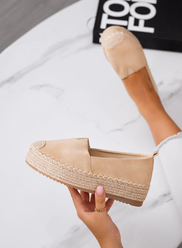 MAGDA - Alpargatas de plataforma beige con punta de crochet y suela de cuerda