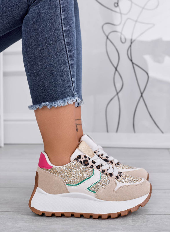 VIVIANA - Deportivas beige con purpurina dorada e inserciones de lunares