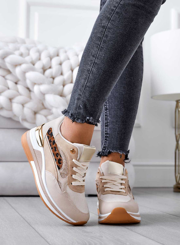 Sneakers beige con inserti glitter e maculati