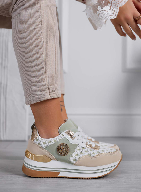WALKER - Zapatillas de mujer verdes con detalles dorados y diseño de malla