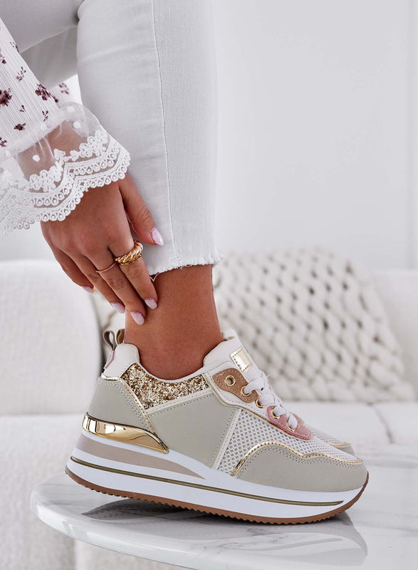 VALDA - Zapatillas beige con detalles de glitter dorado