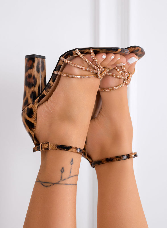 LIAM - Sandalias elegantes animal print con tiras joya y tacón ancho