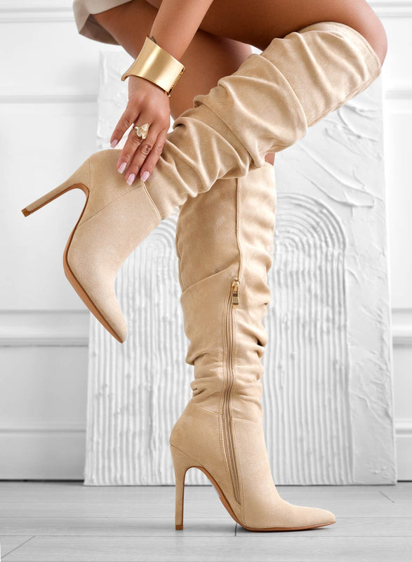 SELENA - Botas rizadas beige con tacon alto stiletto