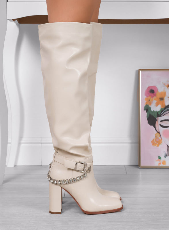 ALESSANDRA - Botas beige Alexoo por encima de la rodilla con cadena