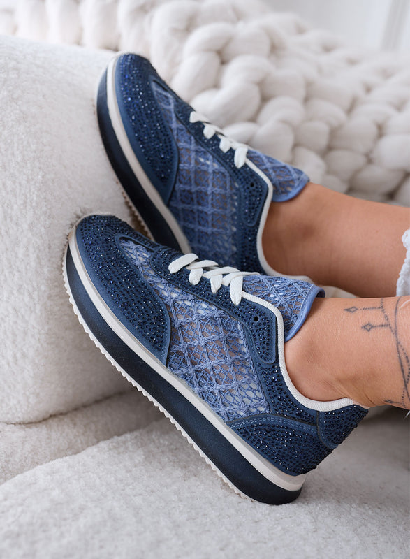 LORENA - Zapatillas Azules con Encaje y Brillantes de Strass