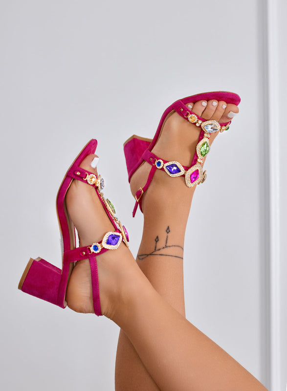 YULIA - Sandalias joya fucsias con tacón ancho y piedras multicolor