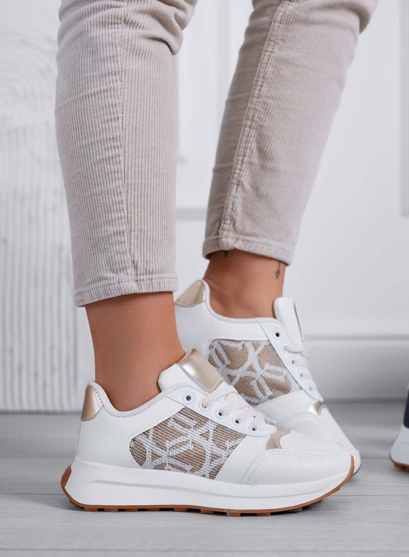 HARRIS - Baskets femme blanches avec motif élégant et détails dorés