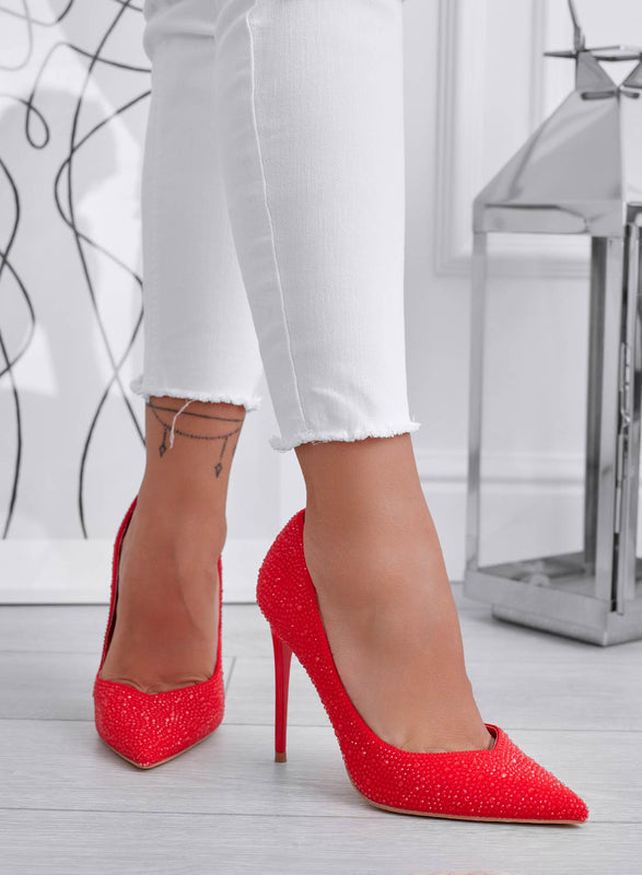 BLANCA - Red jeweled stiletto high heel pumps