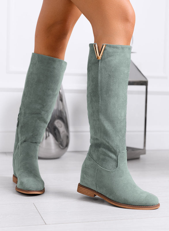 RANDA - Green suede boots with V detail by Alexoo featuring an internal wedge