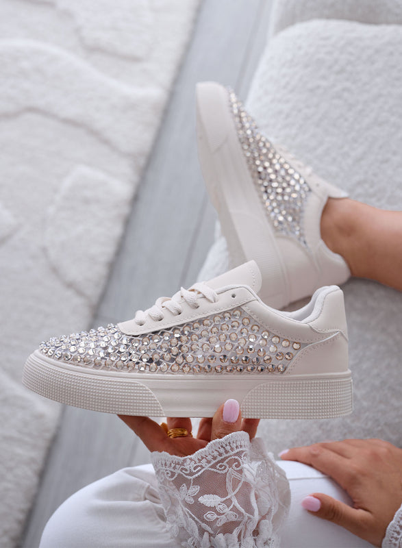 CASSANDRA - Beige Sneakers with Rhinestones and Shiny Details