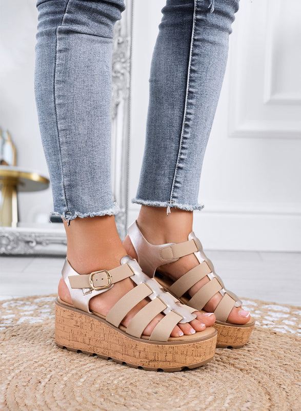 MATILDE - Sandalias beige con cuña platform efecto corcho