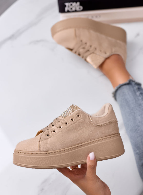 TOSCA - Sneakers Beige in Camoscio con Linguetta in Strass oro