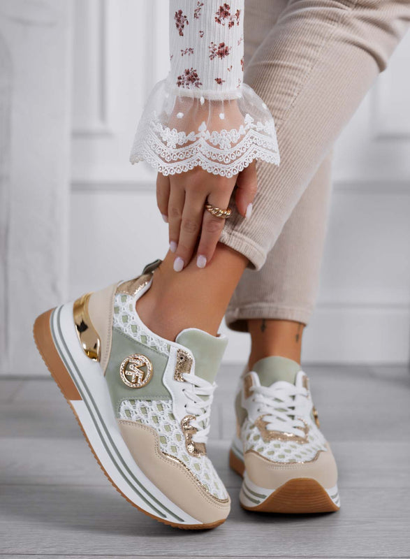 WALKER - Zapatillas de mujer verdes con detalles dorados y diseño de malla