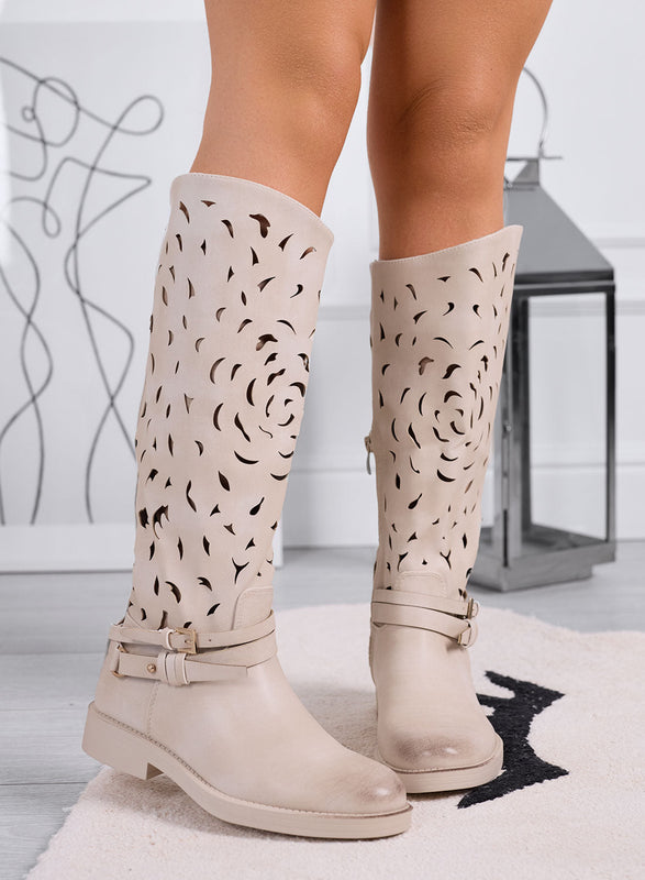 DIANA - Botas beige para mujer perforadas con cinturón