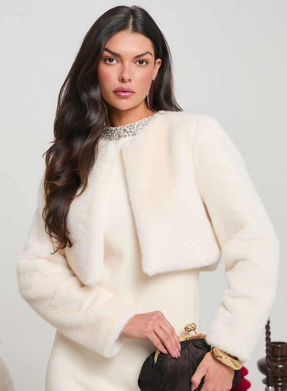 Giacca cropped beige in pelliccia sintetica