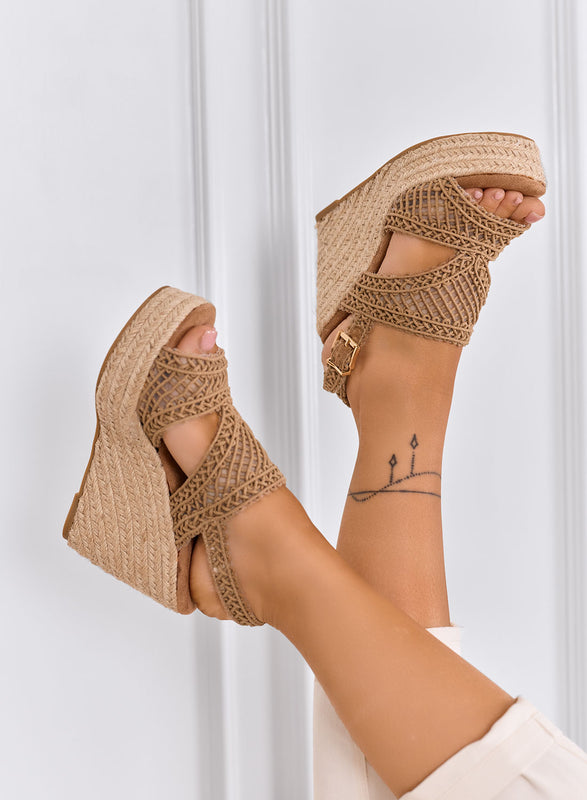 PEARL - Sandali fango con zeppa in corda e intreccio crochet