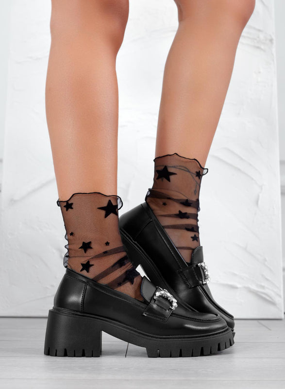 SARA - Mocassins noirs avec ornement bijou