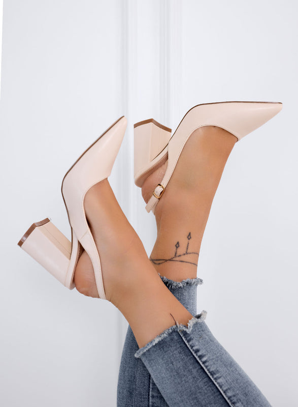 ANGELICA - Décolleté slingback beige de punta con tacón ancho