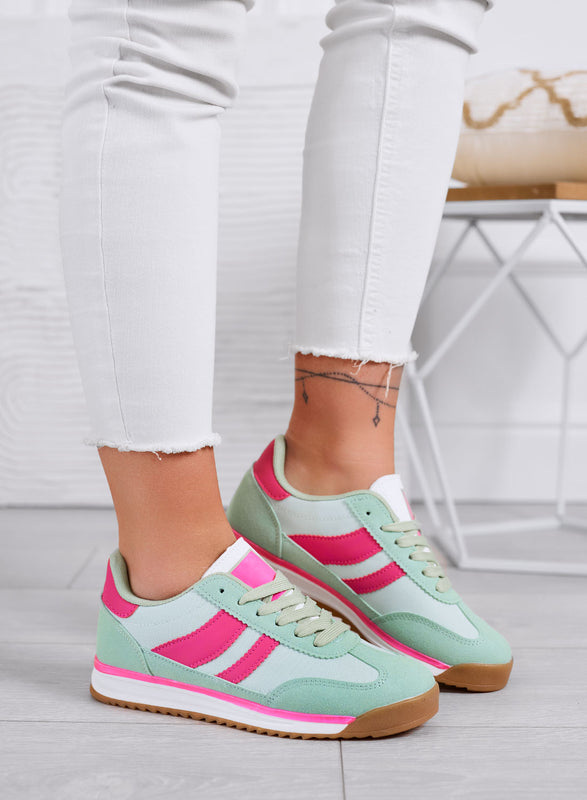 JUNO - Zapatillas verdes de tela con detalles fucsia y suela de goma