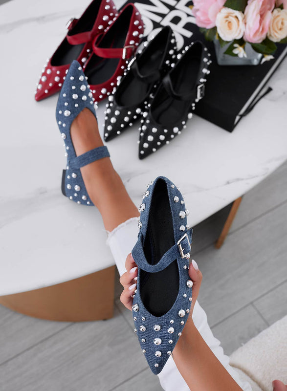 FRANCA - Blue denim pointed ballerinas with silver sphere studs