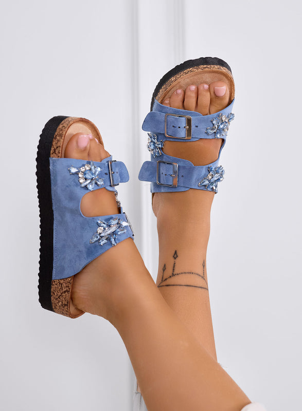 MONNALISA - Sandales mules plateforme bleues avec double boucle et strass