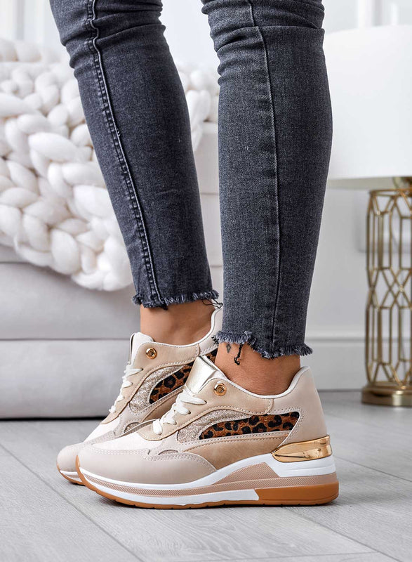 Sneakers beige con inserti glitter e maculati