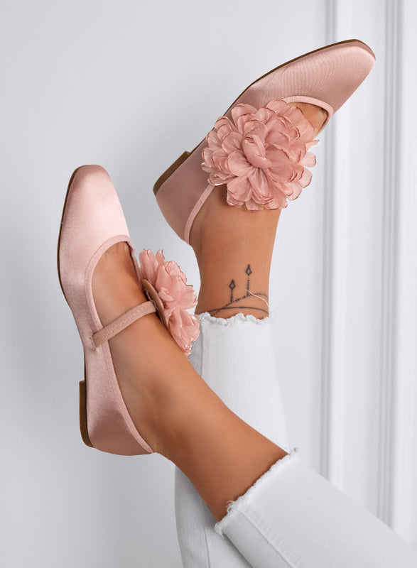 ATHENA - Bailarinas rosas elegantes de satén con flor decorativa
