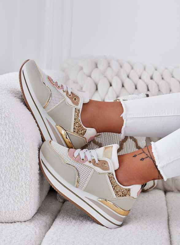 VALDA - Zapatillas beige con detalles de glitter dorado