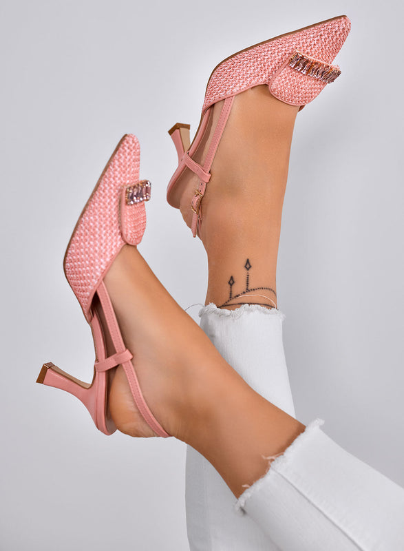 RUSH - Zapatos de tacón rosas Slingback trenzados con aplicación de joya