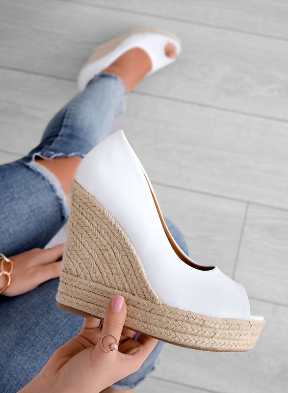 CLEO - White faux leather espadrilles with wedge heel