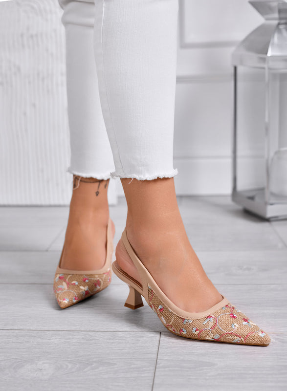 REMY - Escarpins slingback beiges à bout pointu avec broderie multicolore et talon bas 7 cm
