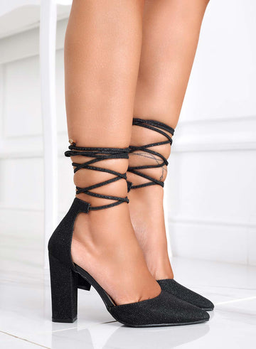 MANUELA - Zapatos de tacón negros de glitter con cordones