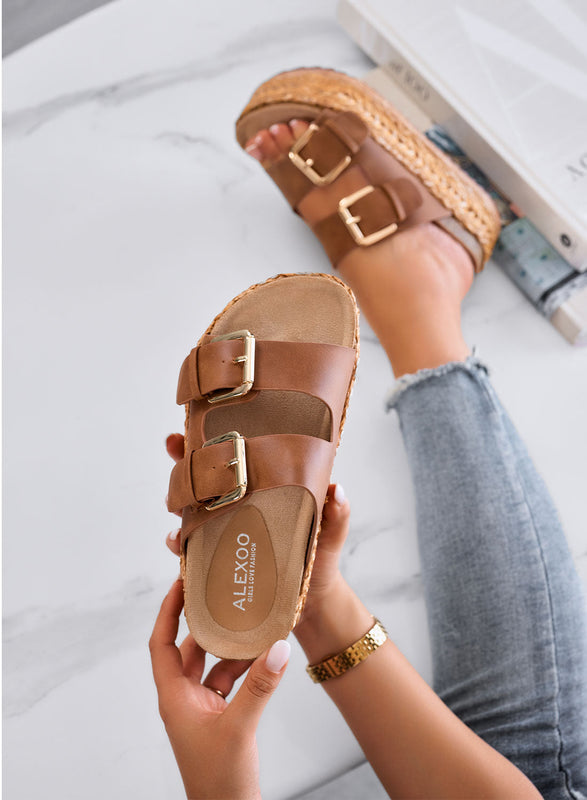 DANIEL - Sandalias marrones tipo chancla con plataforma, doble hebilla y suela de cuerda