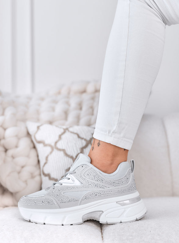MARTINA - Baskets grises avec strass et semelle plateforme épaisse