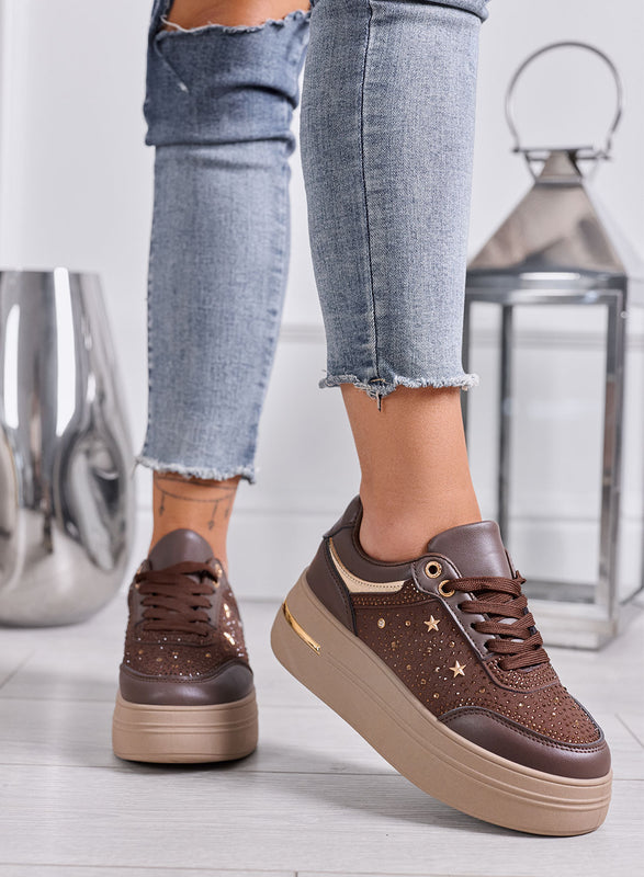 MELANIA - Sneakers Donna marroni con Strass, Stelline e Suola Platform