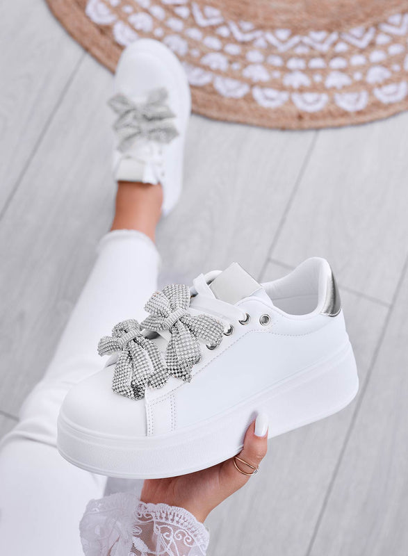 DEZZY - Zapatillas blancas con lazos de strass plateados