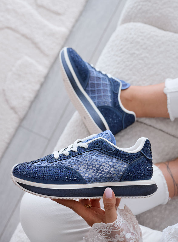 LORENA - Zapatillas Azules con Encaje y Brillantes de Strass