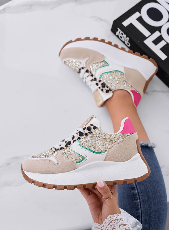 VIVIANA - Deportivas beige con purpurina dorada e inserciones de lunares