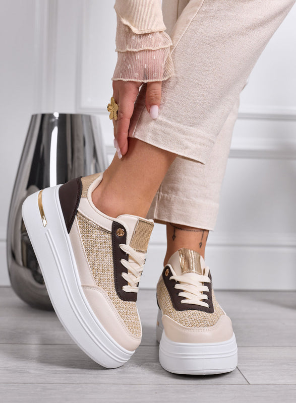 SONIA - Sneakers beige con inserti in tessuto laminato oro