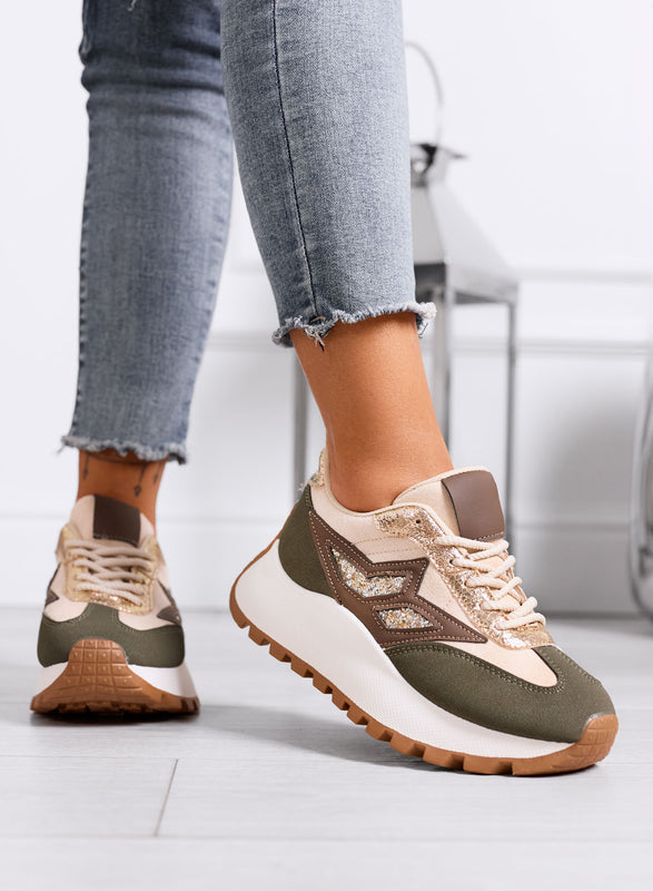 CLARISSA - Zapatillas beige y verdes con detalle de glitter y suela gruesa