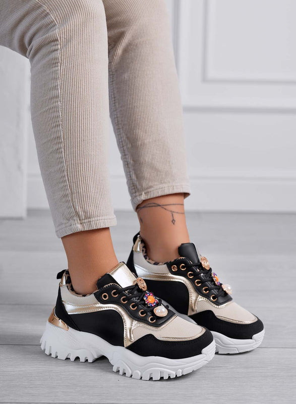 ADAMS - Zapatillas de mujer negras con suela gruesa y detalles joya en dorado