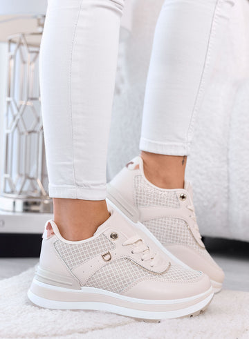 AGATA - Sneakers Platform Beige con Dettagli in Tessuto laminato