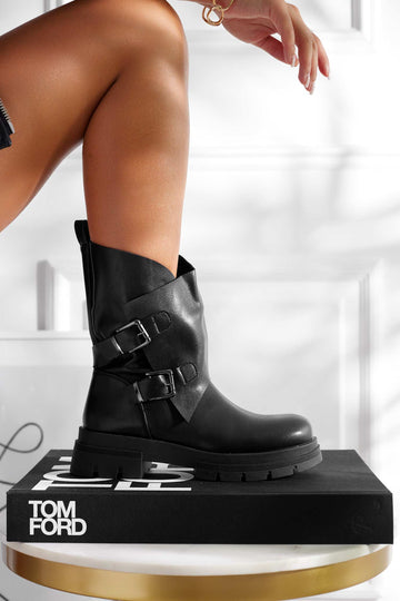 Black biker ankle boots with buckles