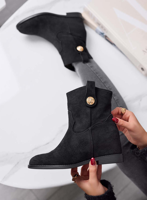 ALEXIS - Botines negros para mujer con cuña interna y botón dorado